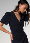 Chardon VNeck Midi Short Sleeve Tailored Navy Linen Wrap Dress