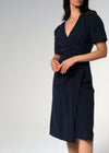 Chardon VNeck Midi Short Sleeve Tailored Navy Linen Wrap Dress