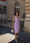 Metier VNeck Adjustable Midi Lilac Purple Linen Wrap Dress