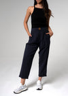 SG Armont High Waisted Pleated Straight Leg Navy Linen Cropped Pant